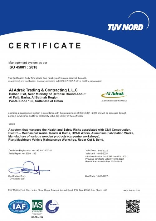 ISO 45001 : 2018 certificate