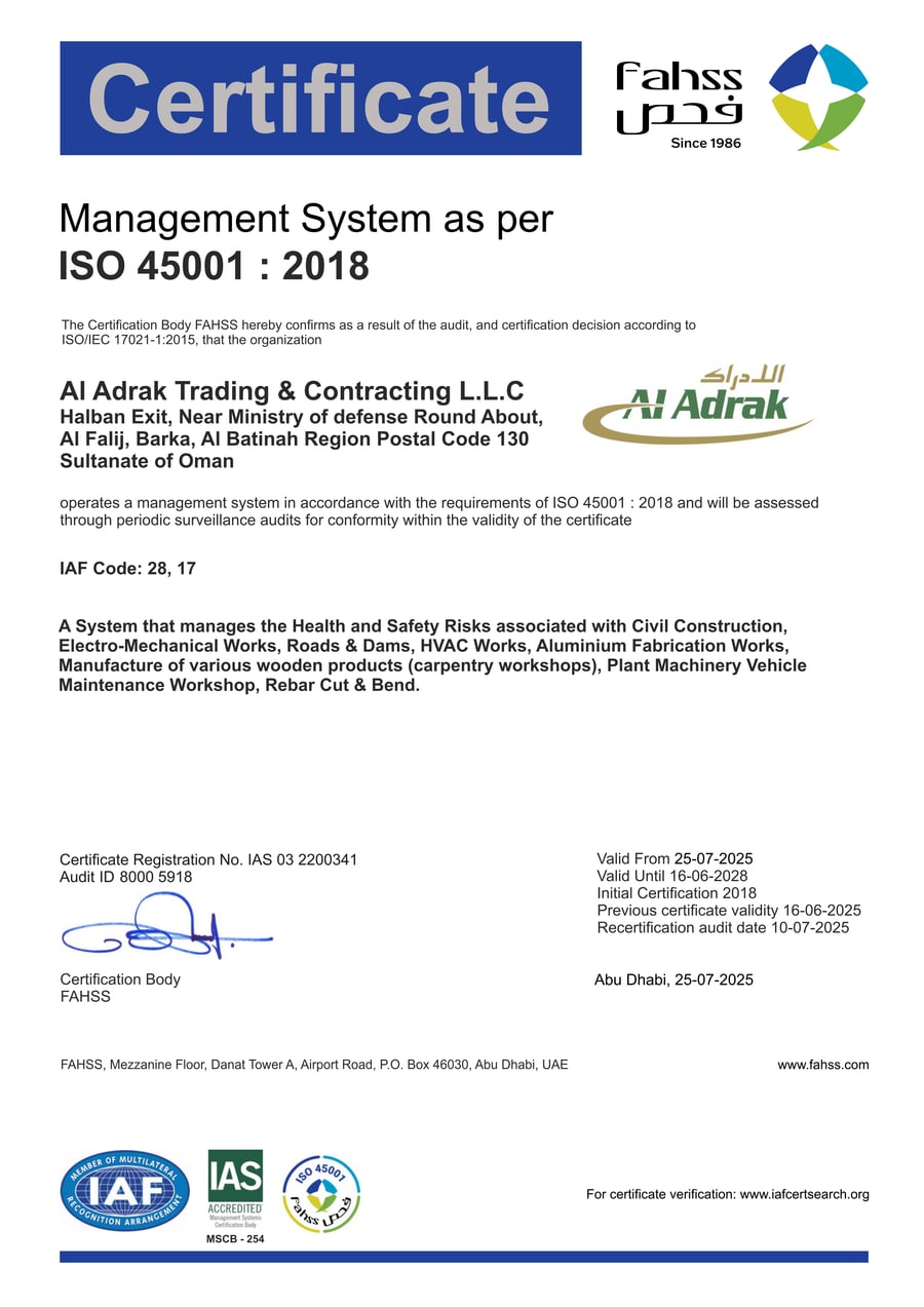 ISO 45001:2018 certificate issued to Al Adrak Trading & Contracting Co LLC