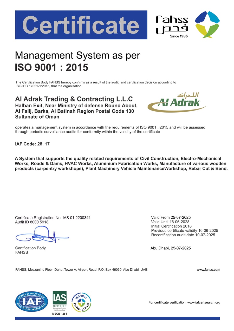 ISO 9001:2015 certificate issued to Al Adrak Trading & Contracting Co LLC